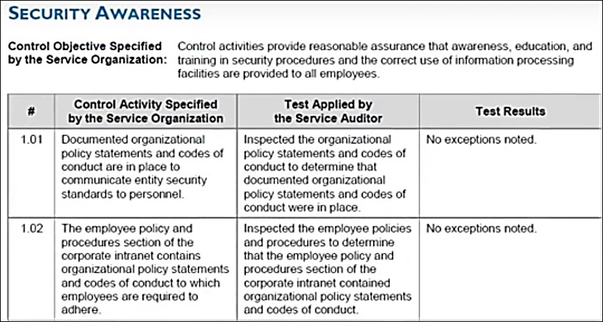 Control Activity, Auditors Test and a Test Results columns