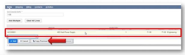 Screenshot of Transaction Form with copy previous button