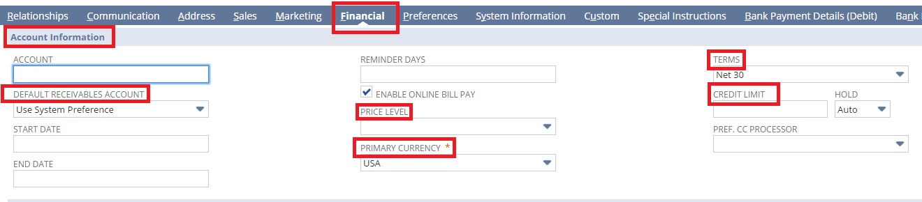 Default fields in Financial tab for account information