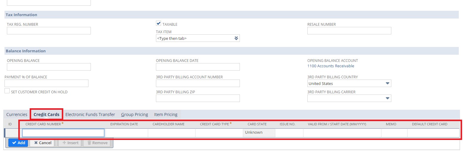 Fields in Financial tab for credit cards subtab