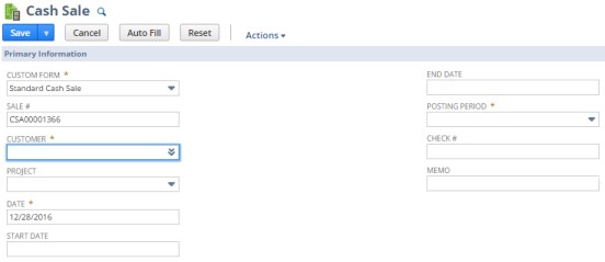 Screenshot of cash sales Primary Information