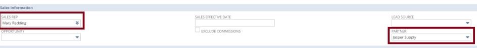 Screenshot of sales rep and partner field 