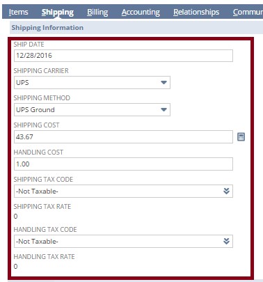 Screenshot of shipping information form
