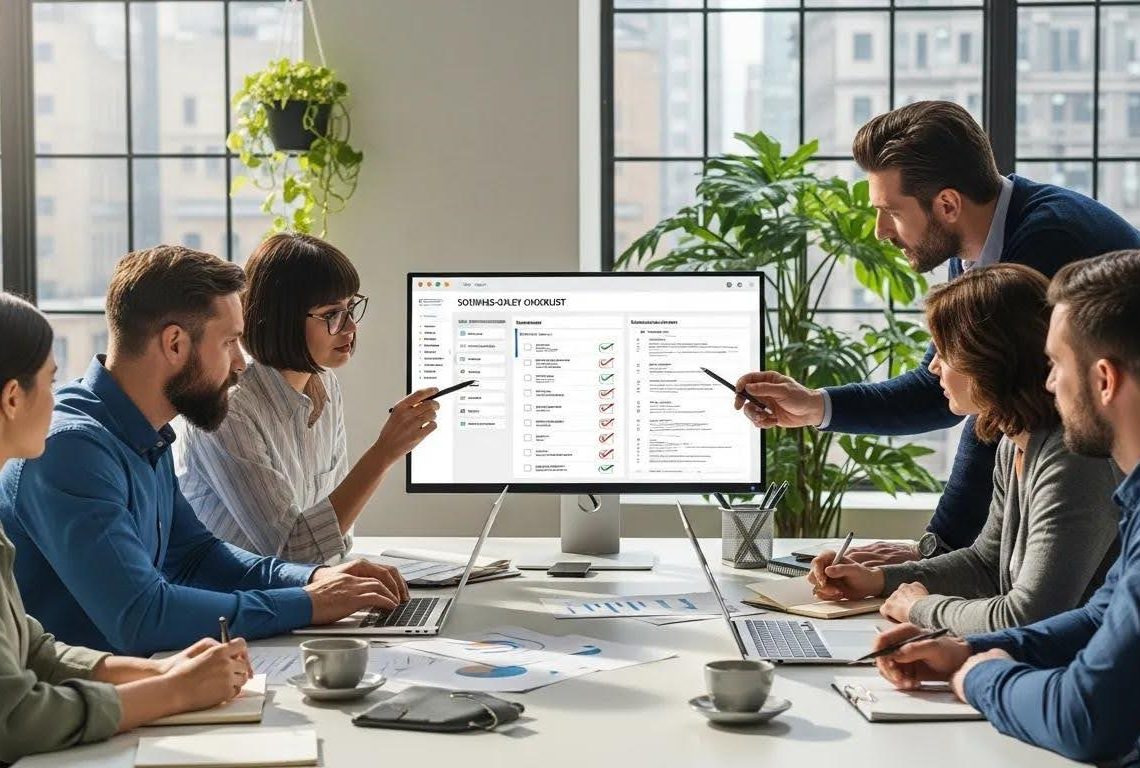 A team reviewing a SOX compliance checklist on a monitor during a business meeting