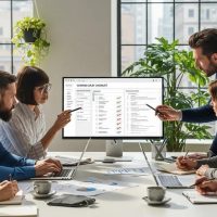 A team reviewing a SOX compliance checklist on a monitor during a business meeting