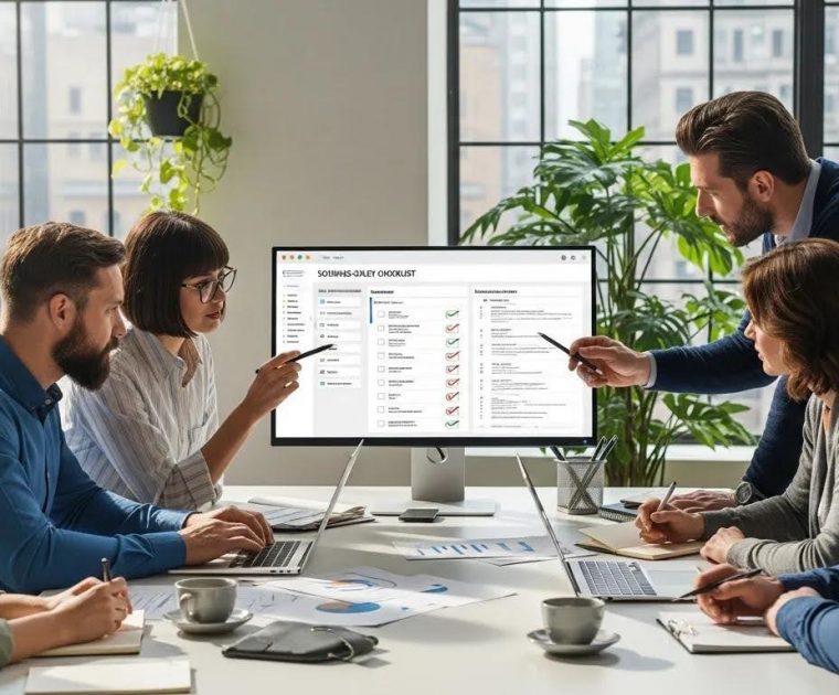 A team reviewing a SOX compliance checklist on a monitor during a business meeting