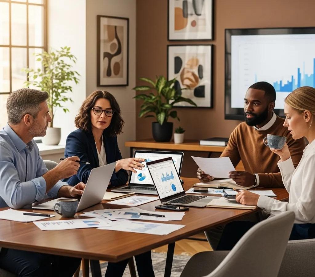 Business professionals discussing SOX Compliance for Newly Public Companies and IPO Audit in a modern office setting