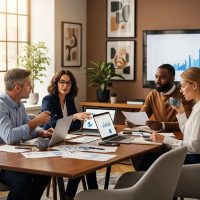 Business professionals discussing SOX Compliance for Newly Public Companies and IPO Audit in a modern office setting