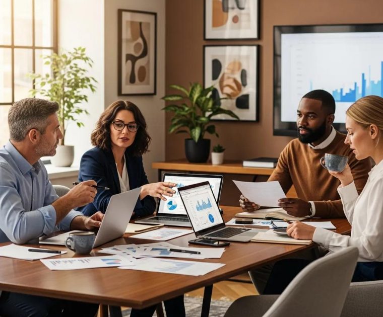 Business professionals discussing SOX Compliance for Newly Public Companies and IPO Audit in a modern office setting