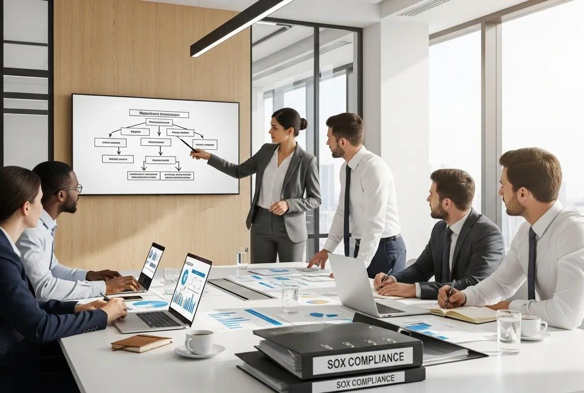 Business professionals discussing penalties for failing to maintain SOX compliance in a modern office setting