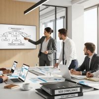 Business professionals discussing penalties for failing to maintain SOX compliance in a modern office setting