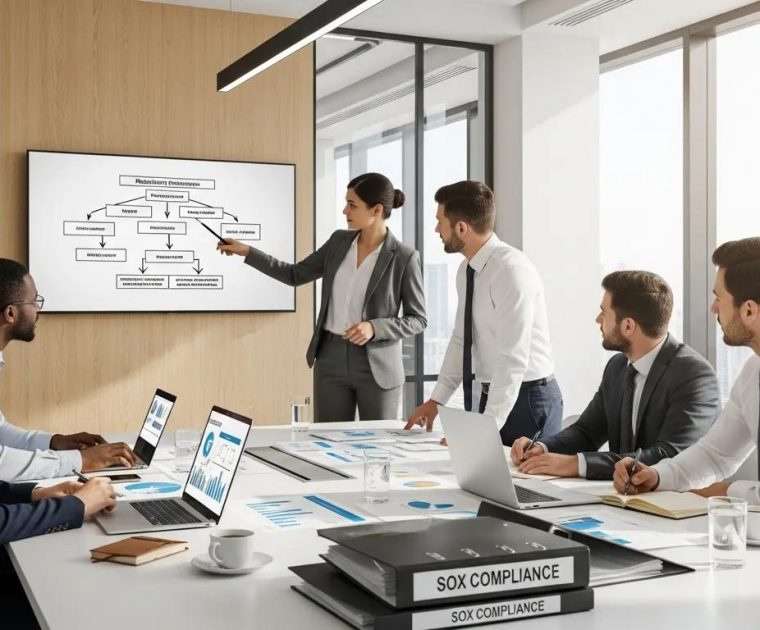 Business professionals discussing penalties for failing to maintain SOX compliance in a modern office setting