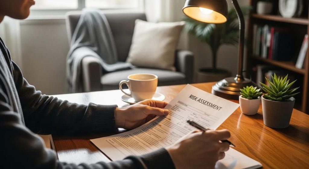 Individual reviewing a risk assessment document in a cozy workspace