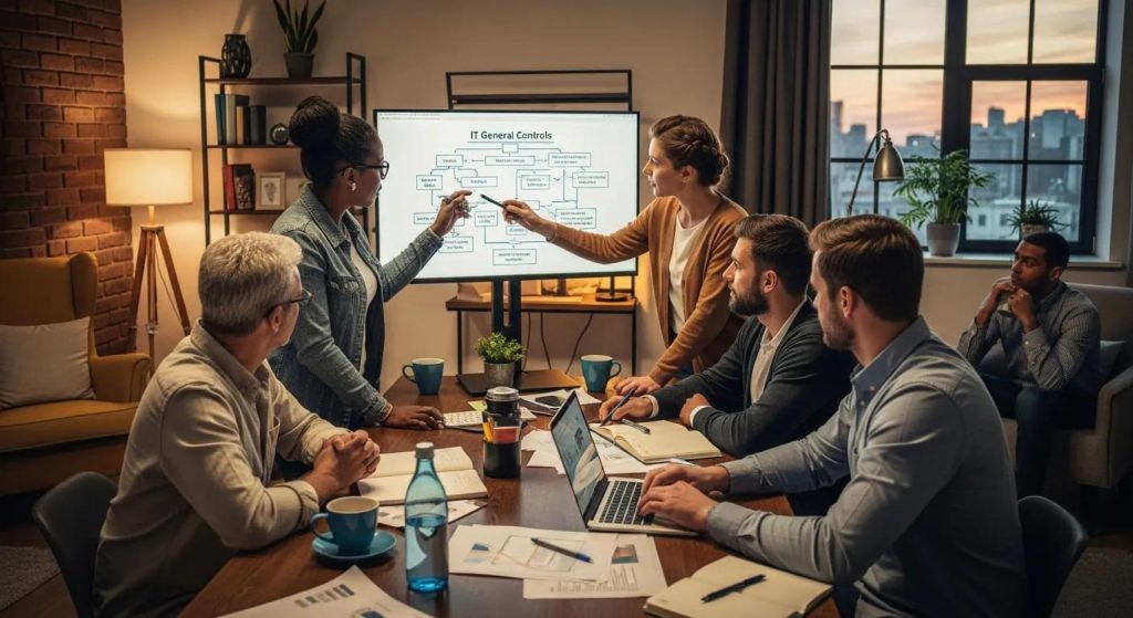 Team collaboration on IT General Controls implementation strategies in a cozy workspace