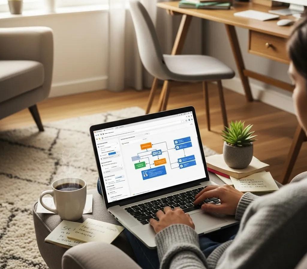 Cozy workspace with laptop and financial documents emphasizing IT General Controls