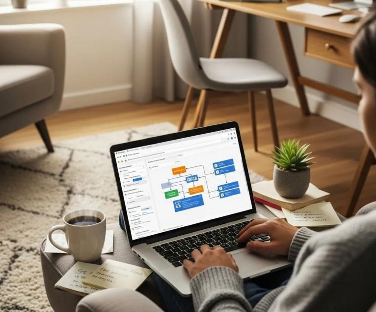 Cozy workspace with laptop and financial documents emphasizing IT General Controls