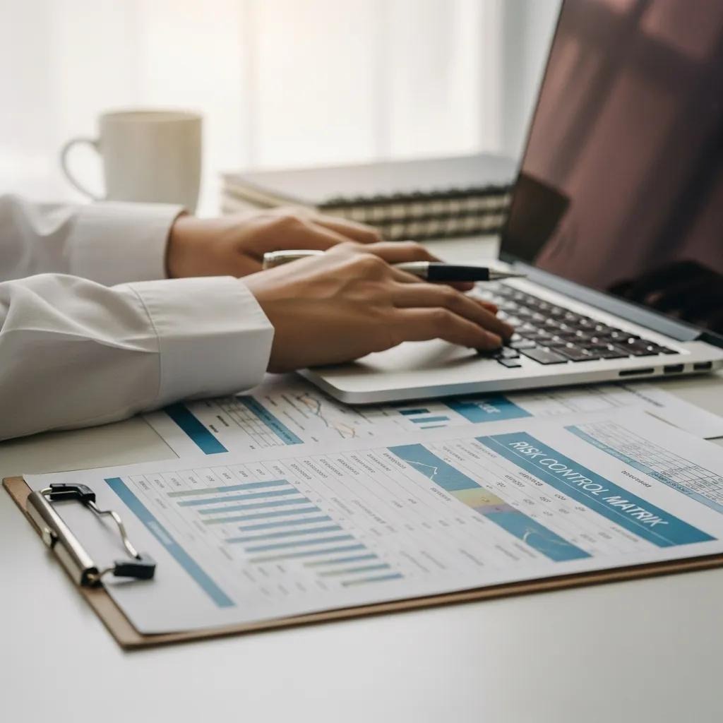 Close-up of hands working on financial documents and a laptop in a professional workspace